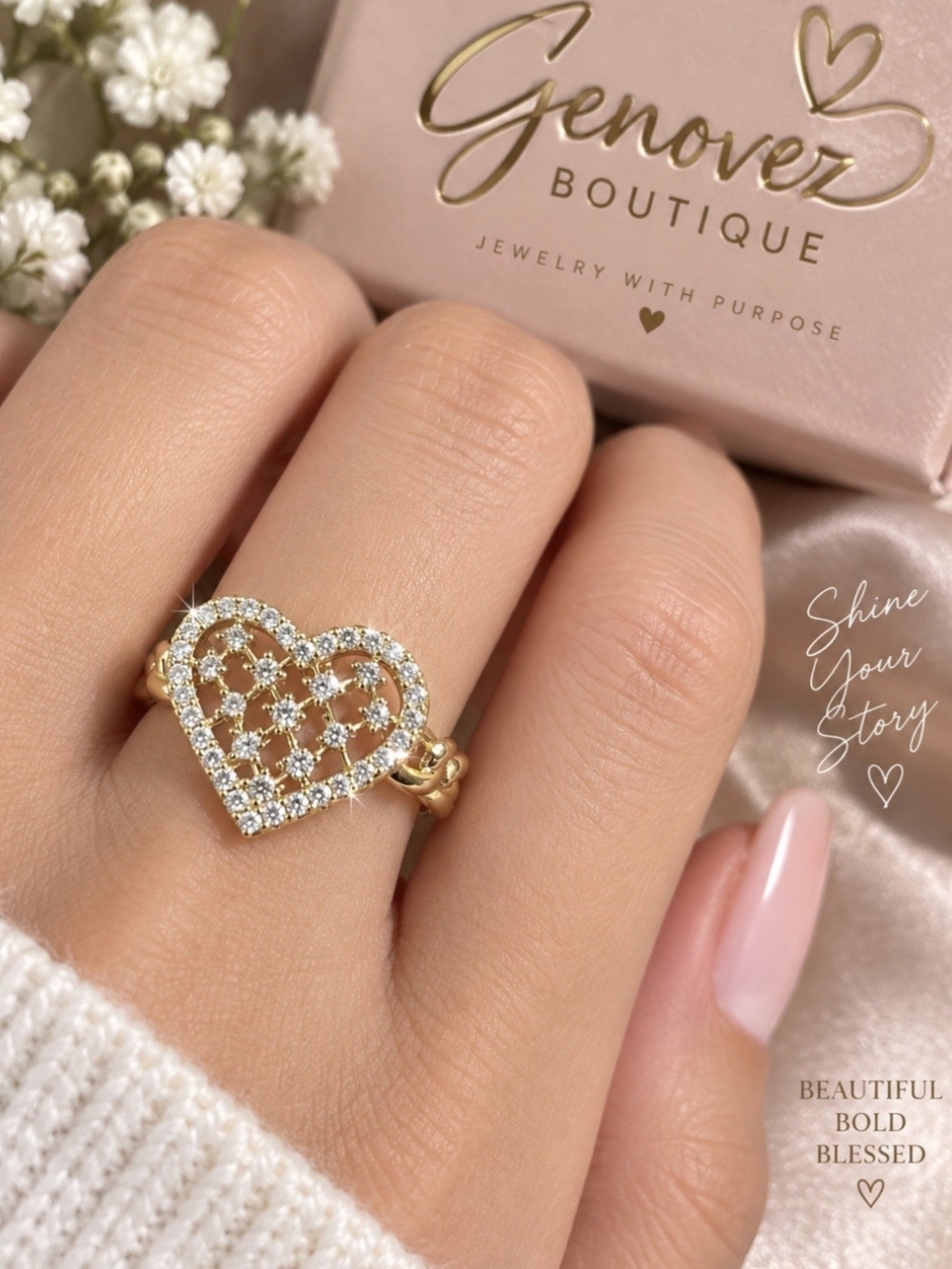 14k Gold Plated Heart Pavé Ring - Gold